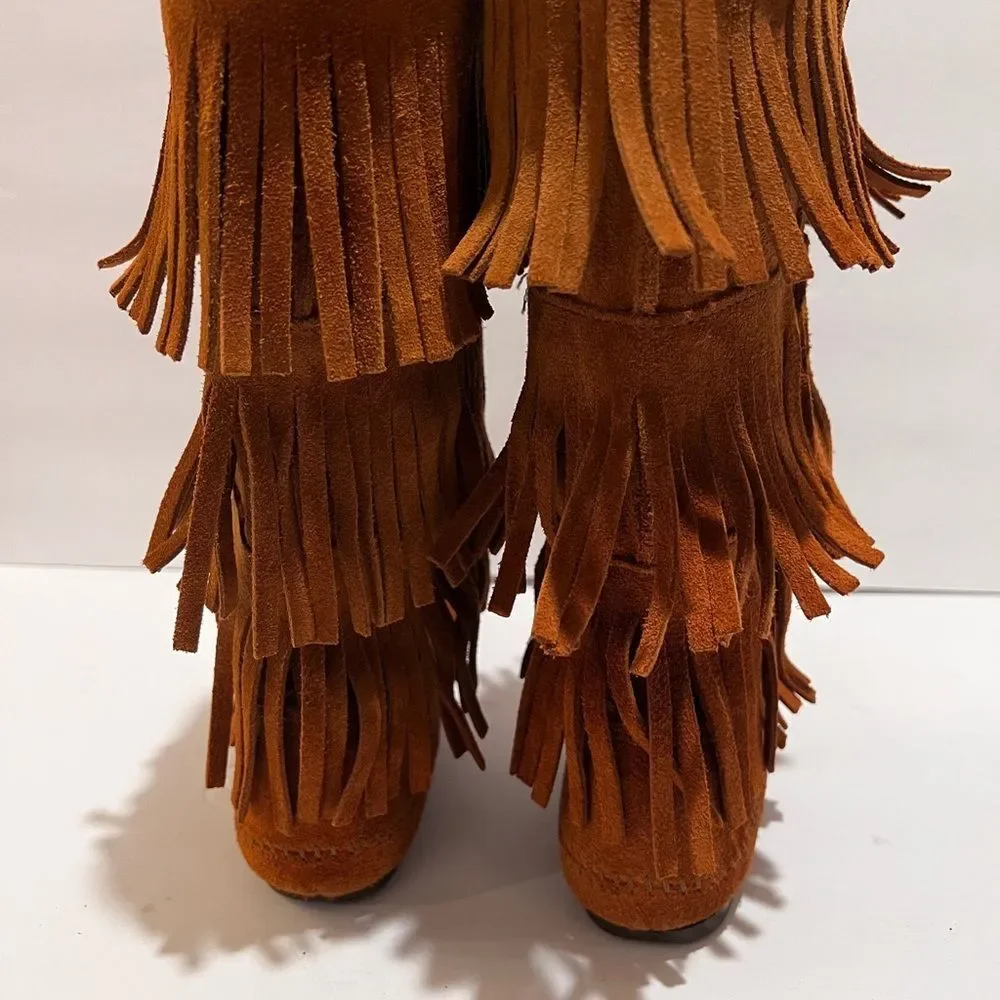 Minnetonka Shoes Womens 10 Boots Brown Western Moccasins Fringes Native Mid Calf - Picture 3 of 8